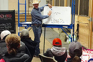 Photo of cutting horse trainer Gabe Reynolds teaching students at a clinic